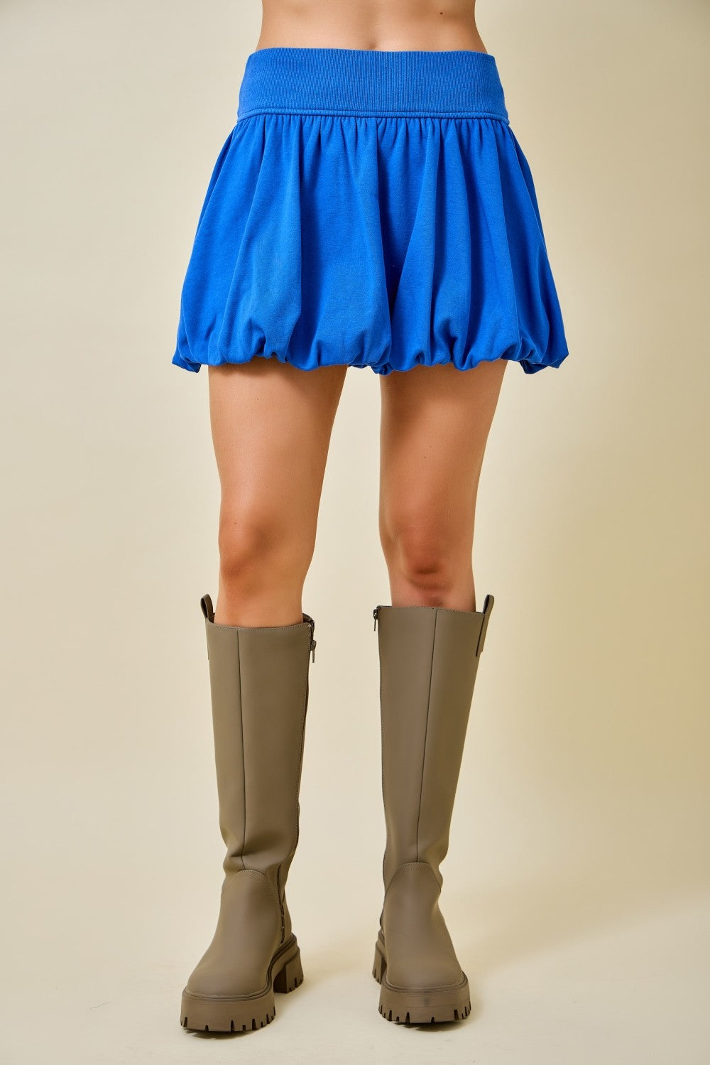 High Waist Bubble Mini Skirt W/ Shirring Detail