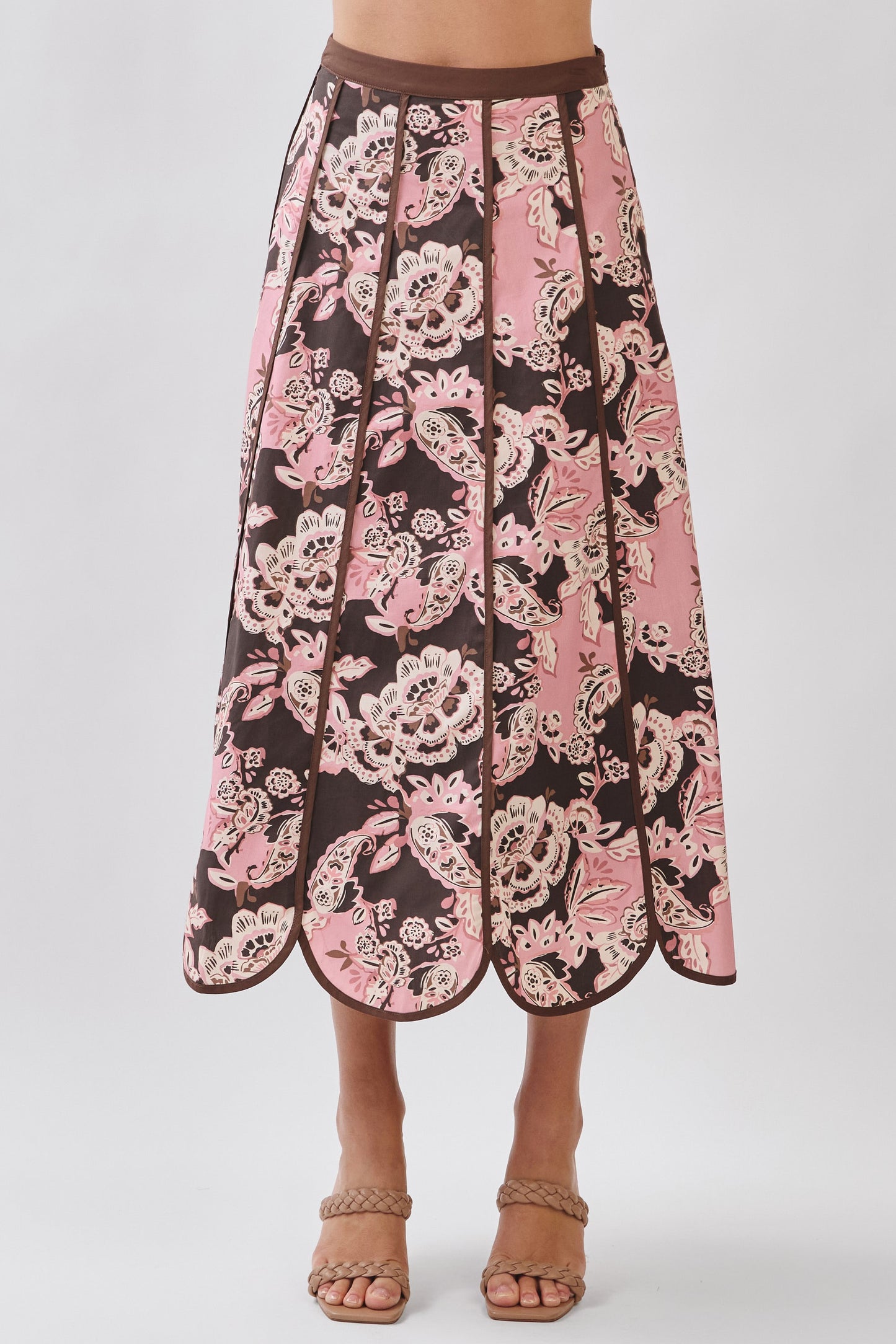 Floral Print Saclloped Hem Paneled Midi Skirt