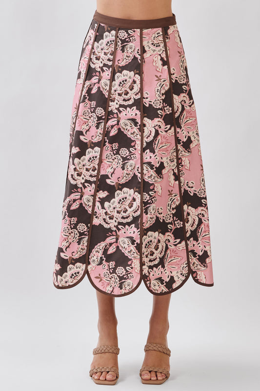 Floral Print Saclloped Hem Paneled Midi Skirt