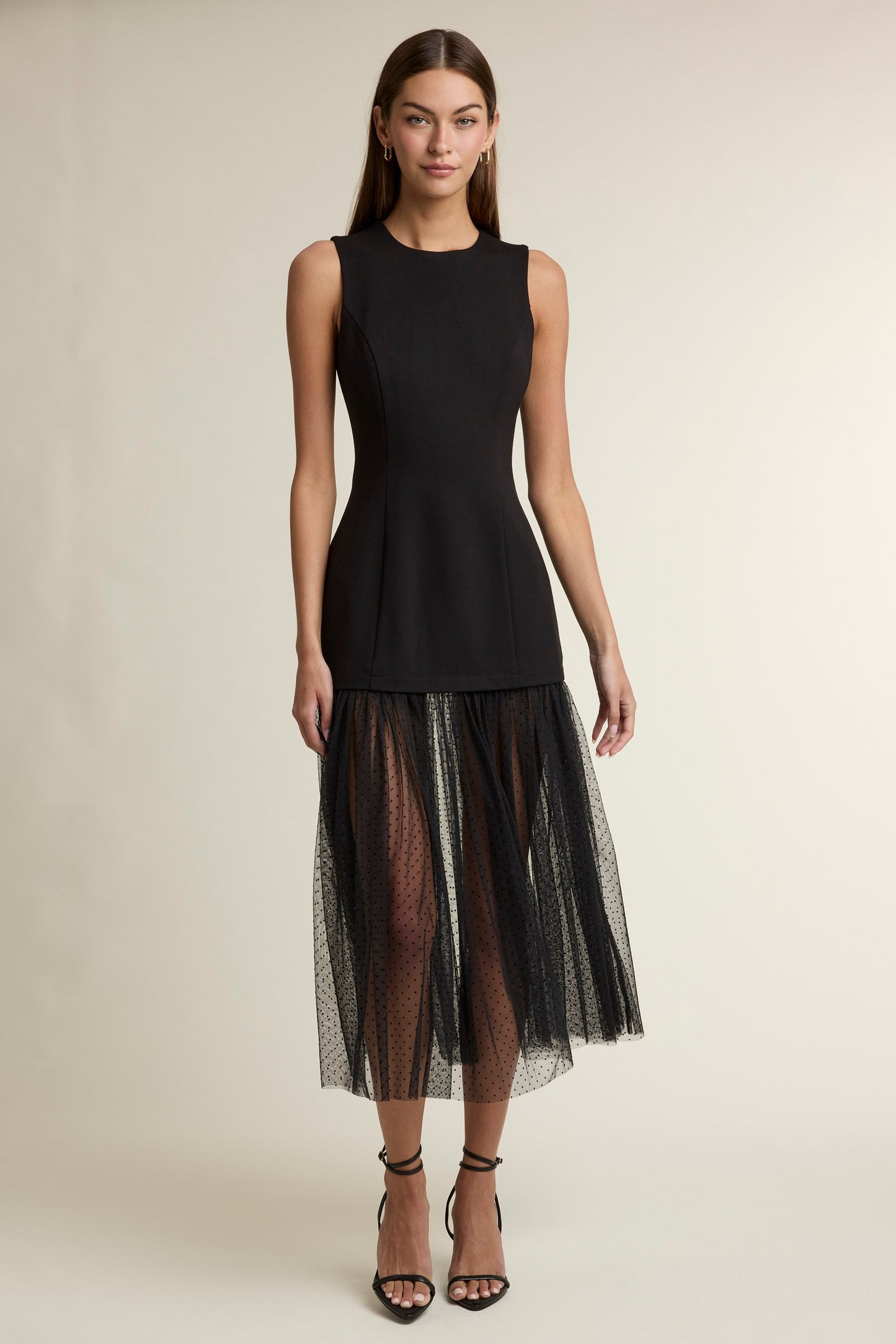 Sleeveless Round Neck Pleated Dotted Mesh Mix Midi Dress