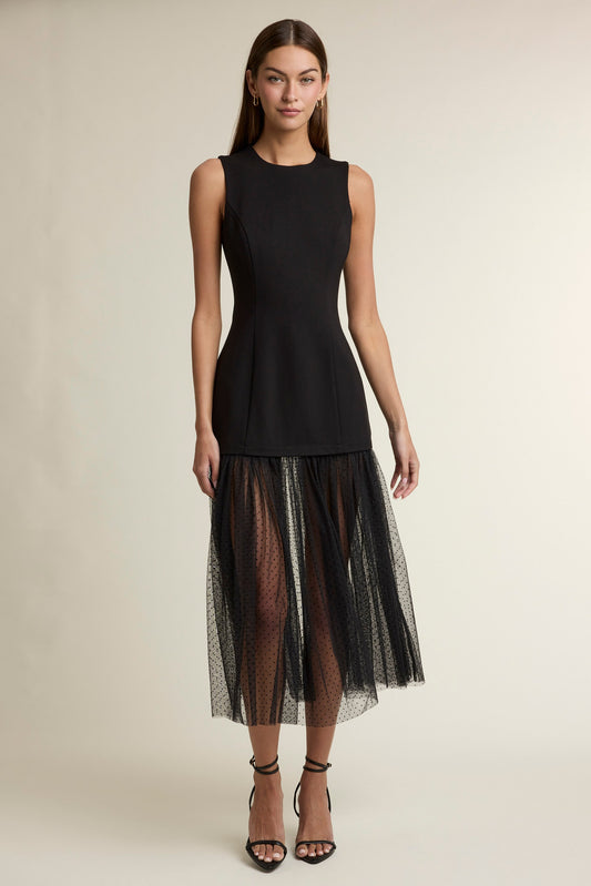 Sleeveless Round Neck Pleated Dotted Mesh Mix Midi Dress