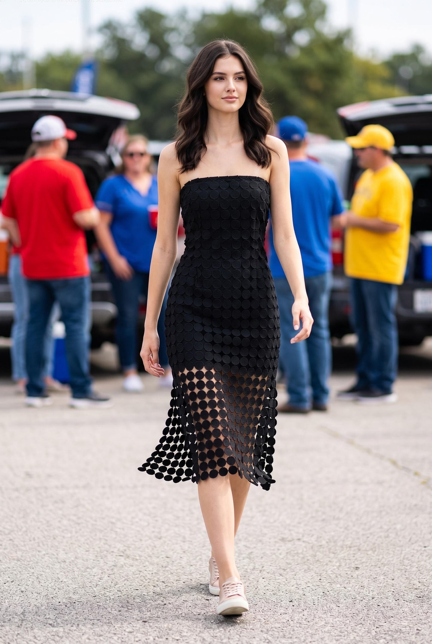 Strapless Circle Lace Fringe Midi Tube Dress