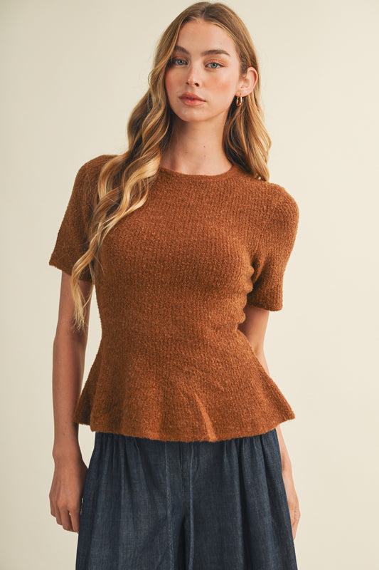Textural Bouclé Knit Peplum Pullover