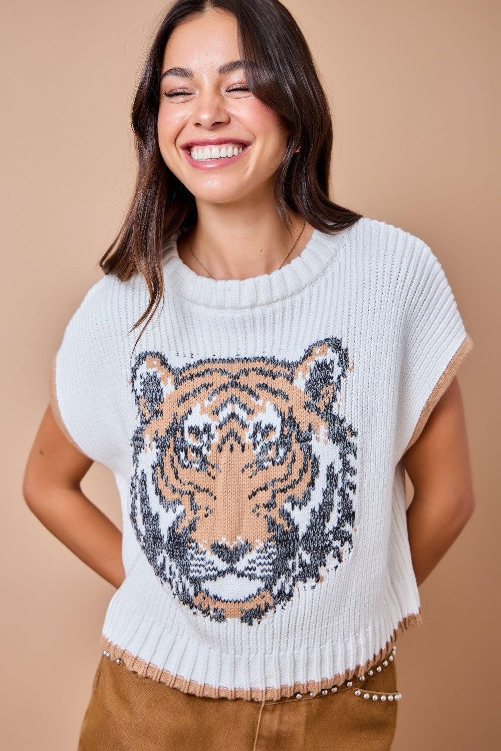 Game Day Tiger Intarsia Sweater Vest Top With Contrast Edge