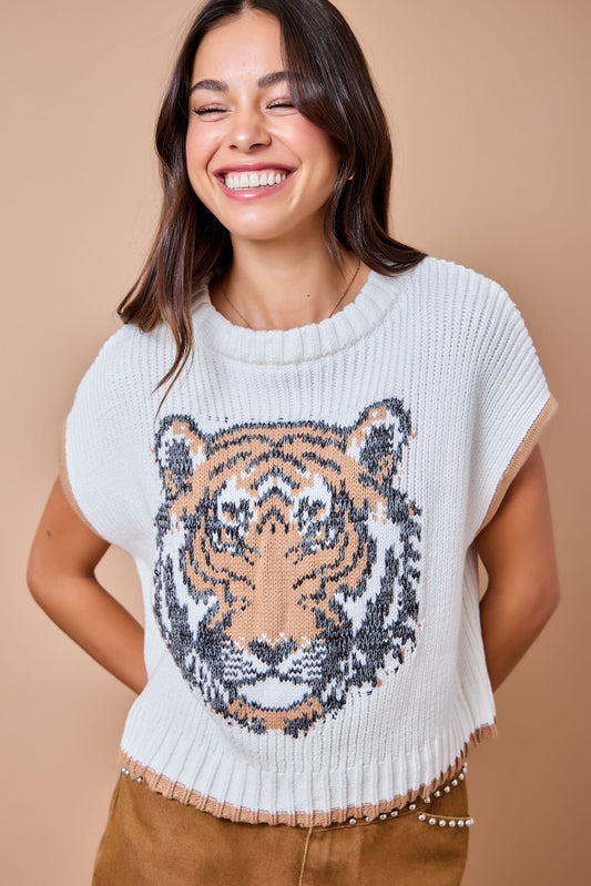 Game Day Tiger Intarsia Sweater Vest Top With Contrast Edge