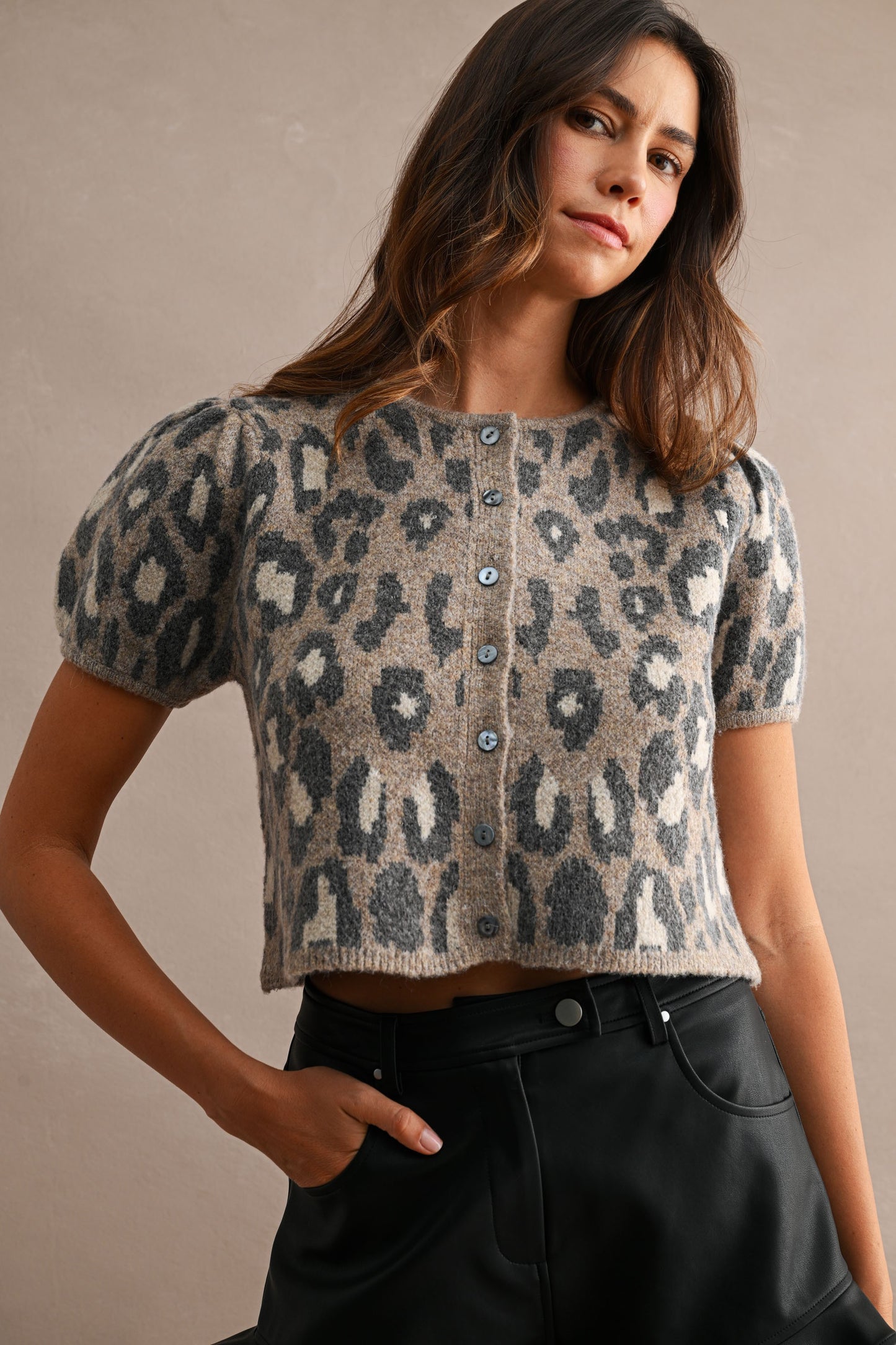 Leopard Short Puff Sleeve Button Down Knit Top