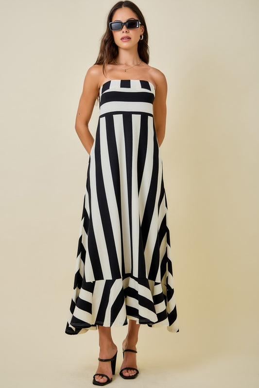 Strapless Mixed Stripe Maxi Dress With Flared Ruffle Hem