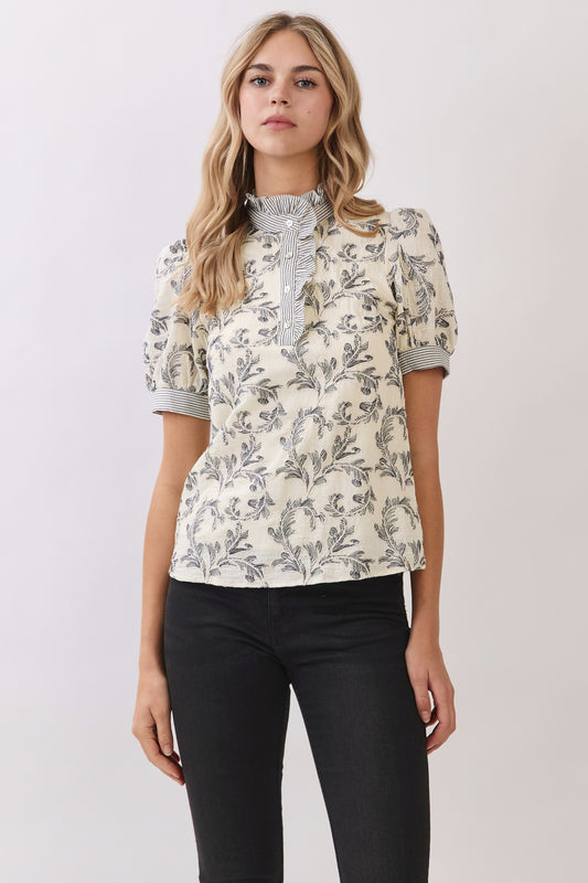 Contrast Trim Printed Puff Sleeve Blouse