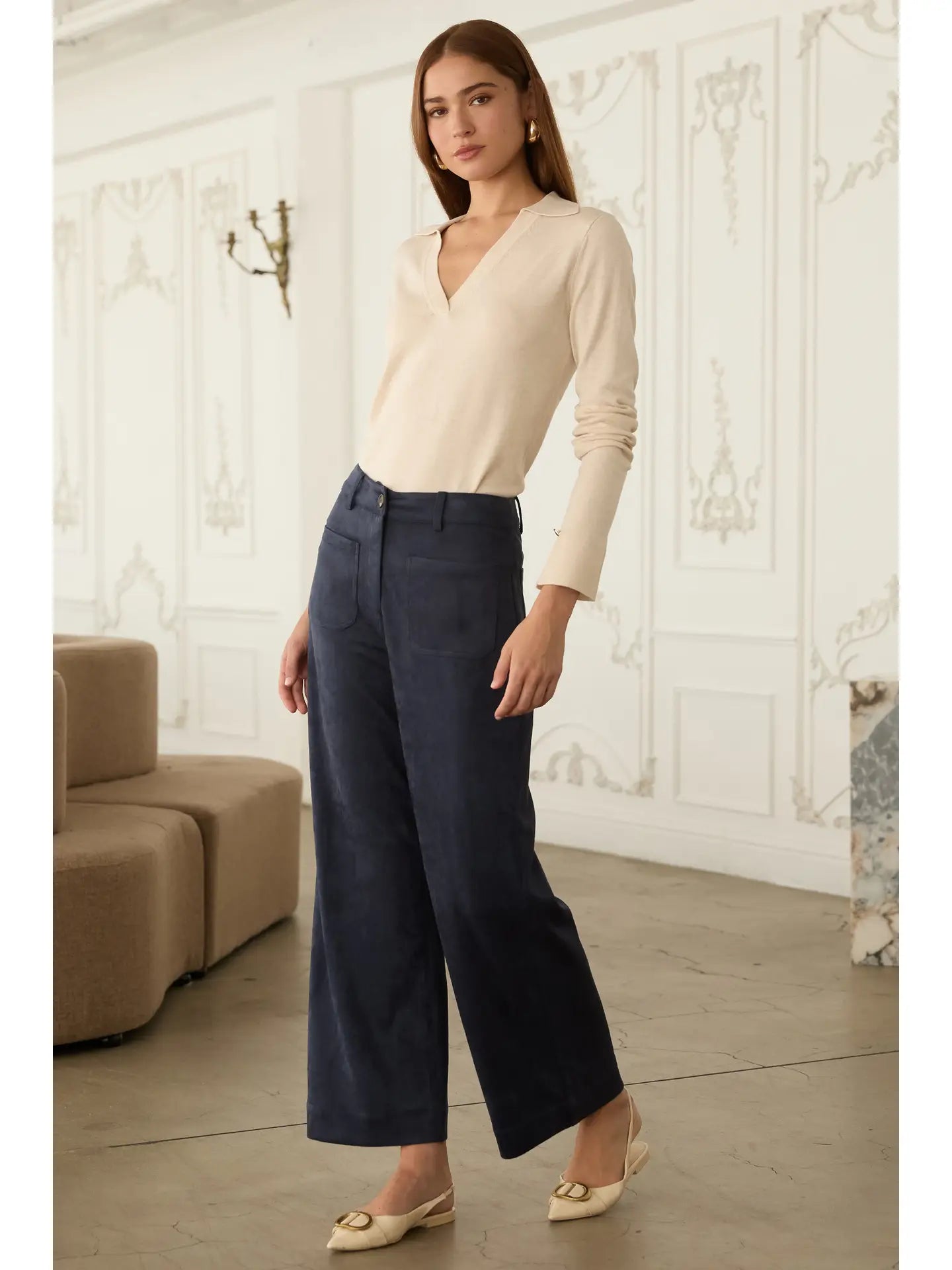 Faux Suede Wide Leg Pants with Front Pockets