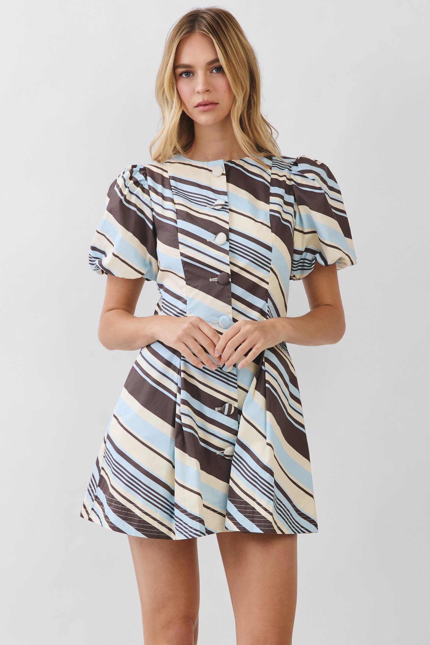 Diagonal Stripe Puff Sleeve Button Front Dress