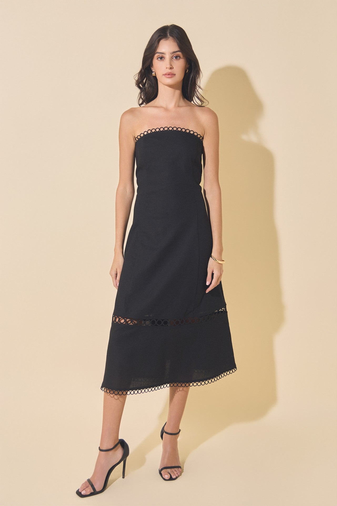 Linen Strapless Midi Dress With Smocking