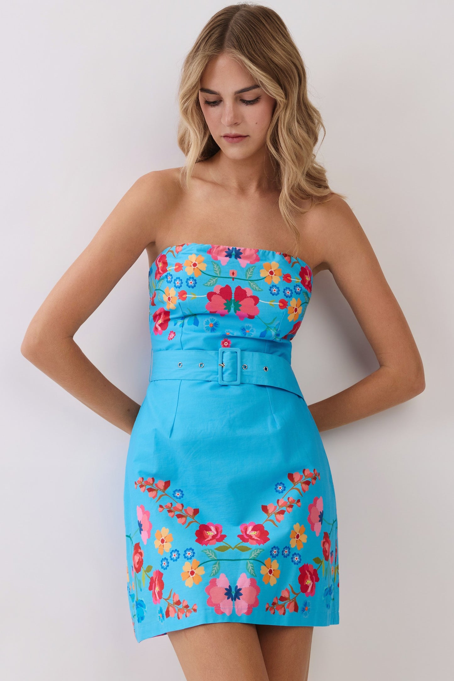 Floral Border Print Strapless Mini Dress