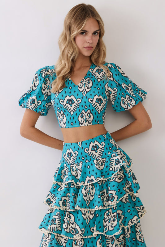 Ikat Print Puff Sleeve Crop Top