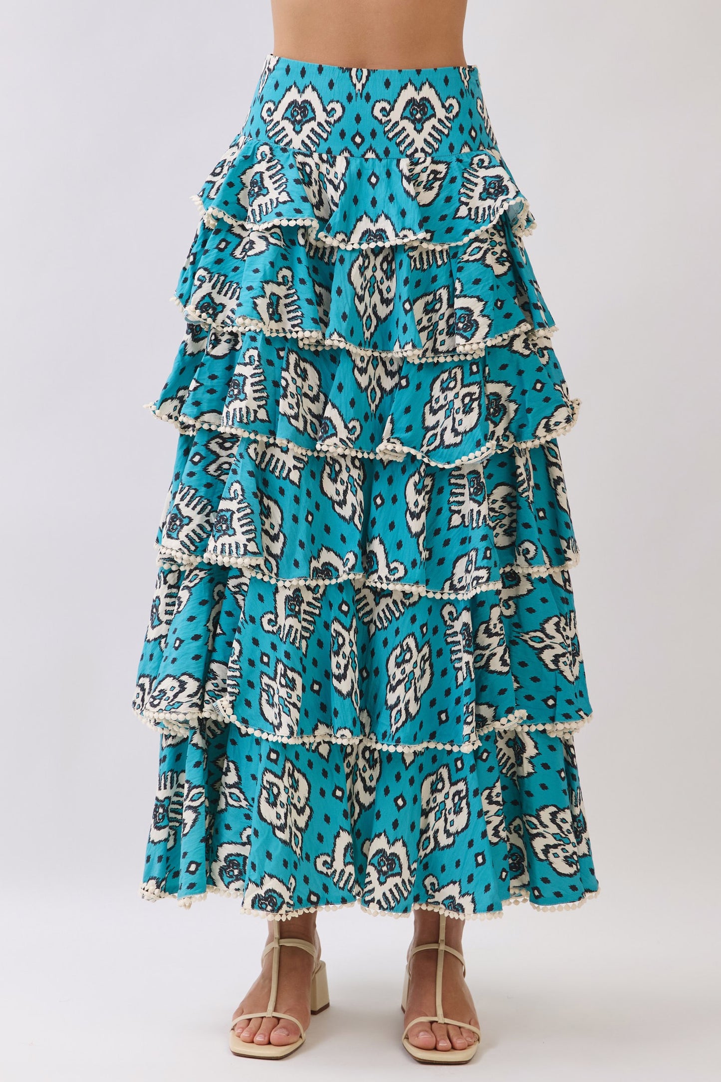 Ruffle Tiered Print Pom Pom Detail Maxi Skirt