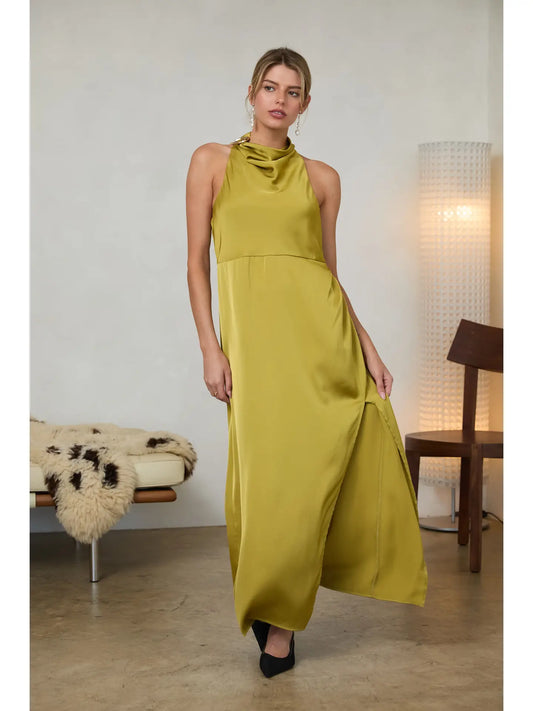 Sleeveless Satin Halter Dress with Hardware Detail