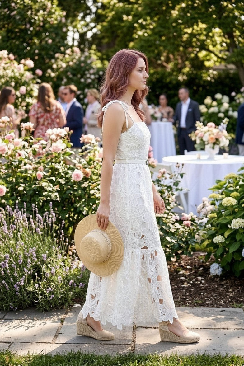 Floral Crochet Lace Belted Maxi Dress