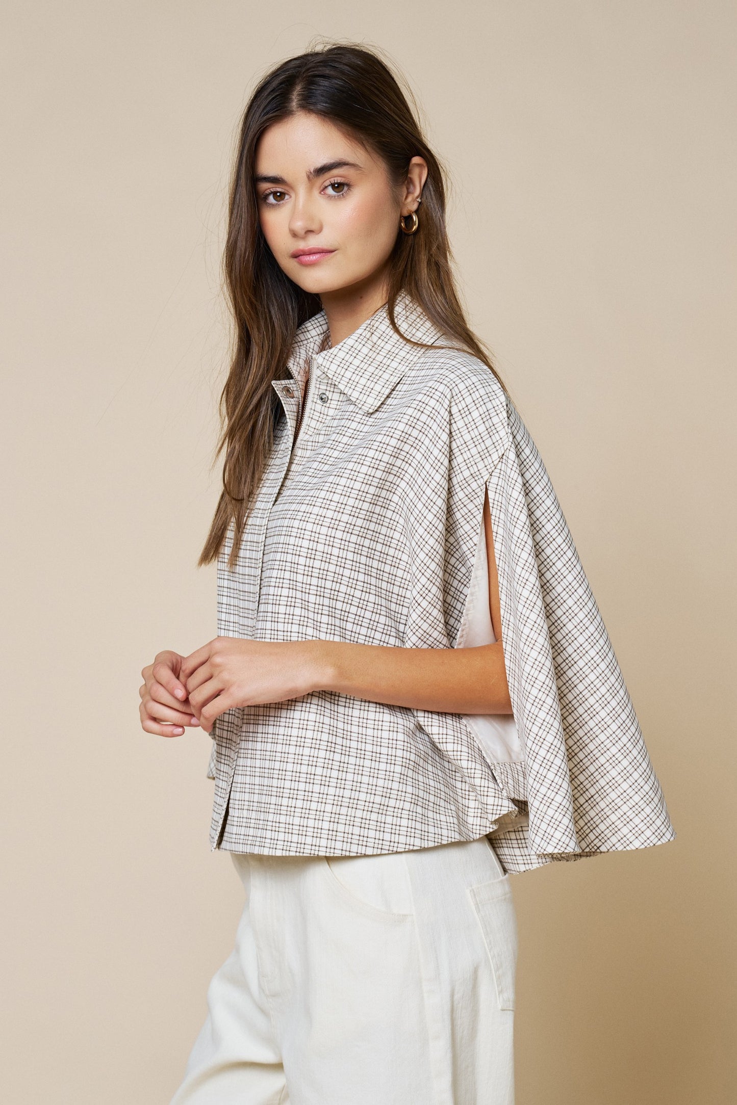 Plaid Collared Poncho Button Down Top