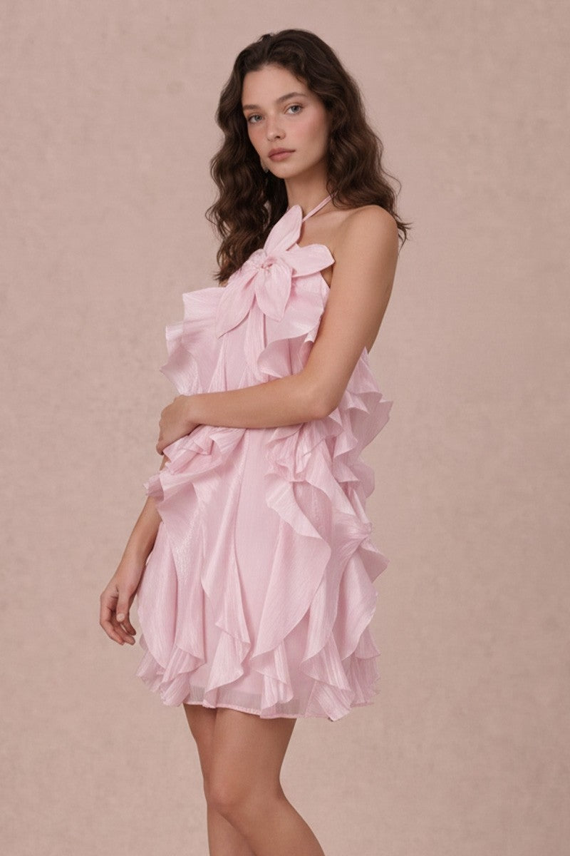 Floral Applique Ruffle Halter Mini Dress