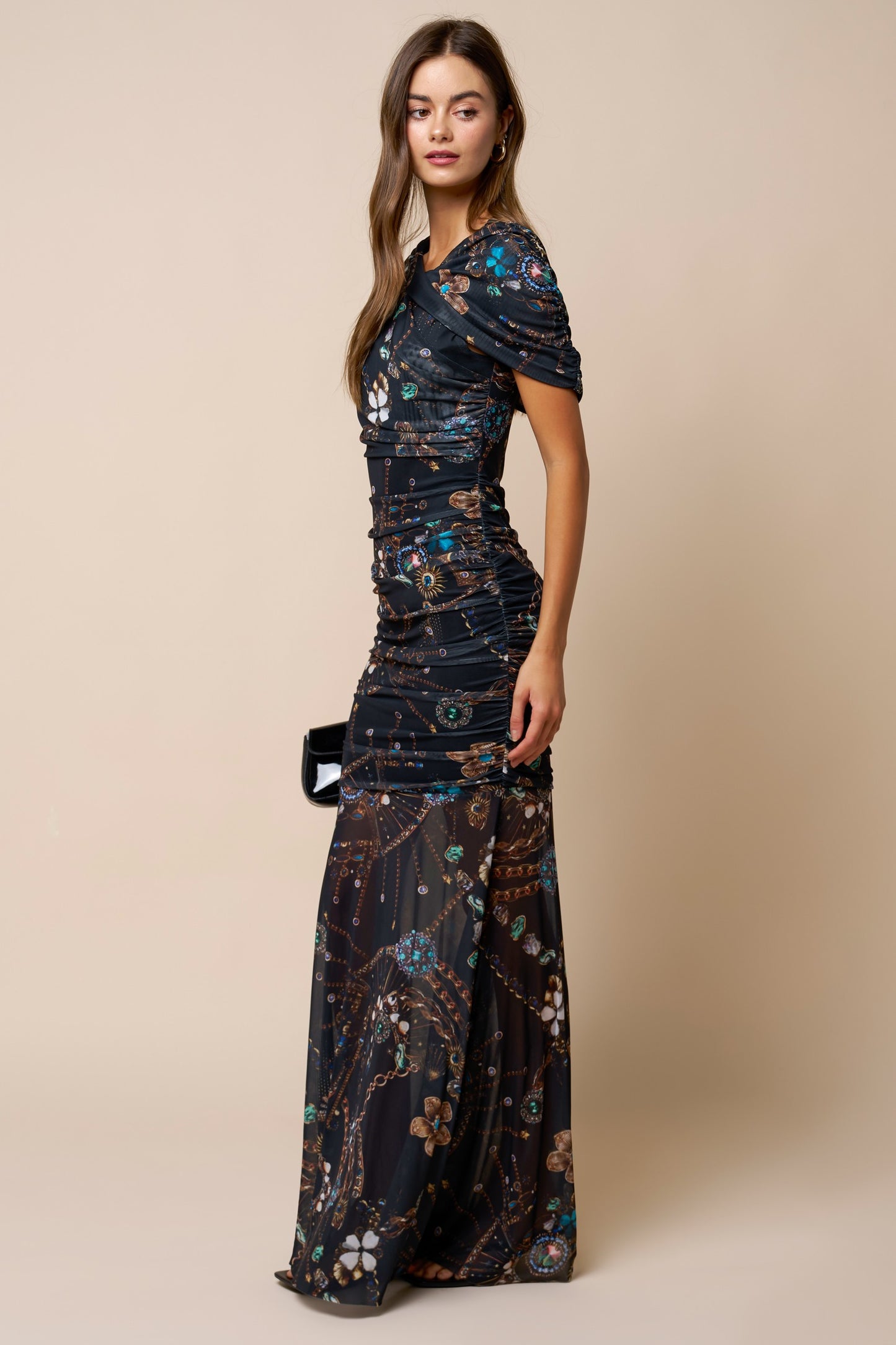 Printed Asymmetrical Mesh Ruched Maxi Dress