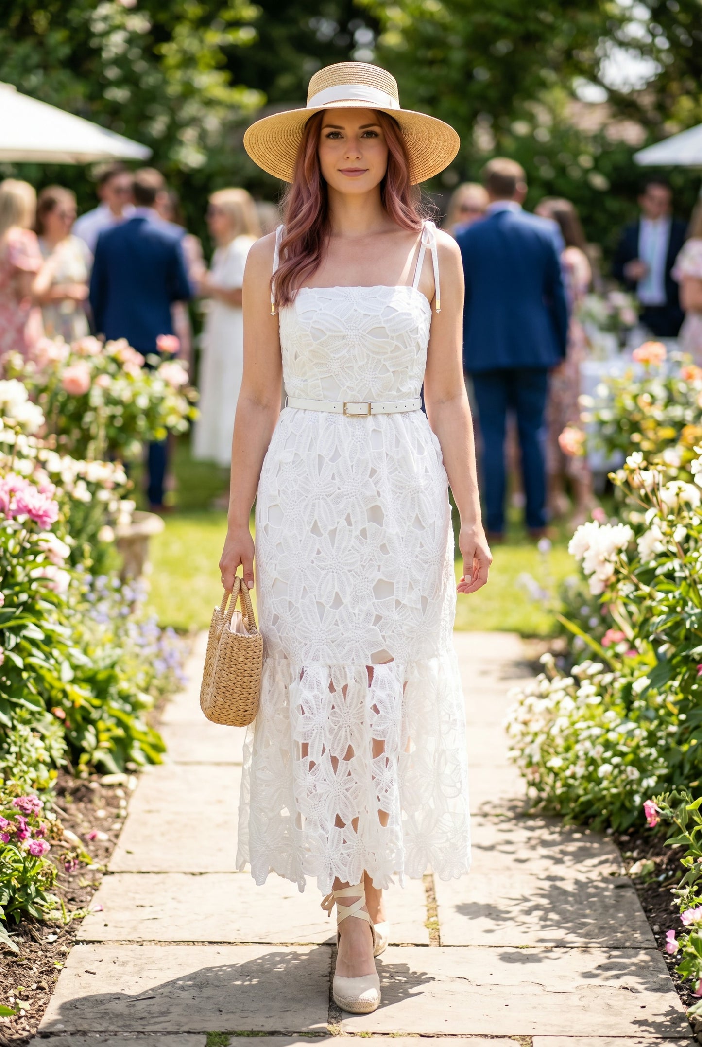 Floral Crochet Lace Belted Maxi Dress