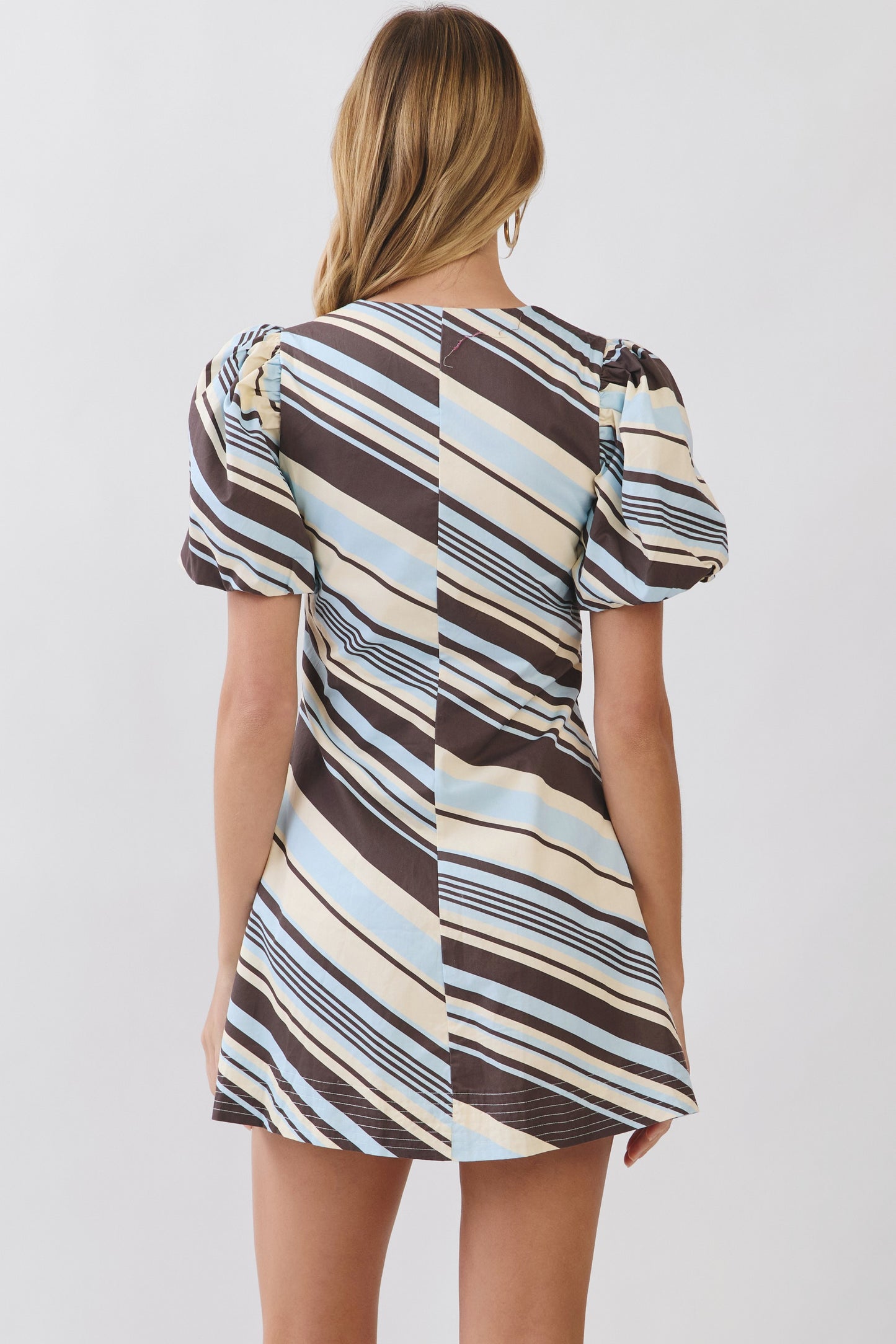 Diagonal Stripe Puff Sleeve Button Front Dress