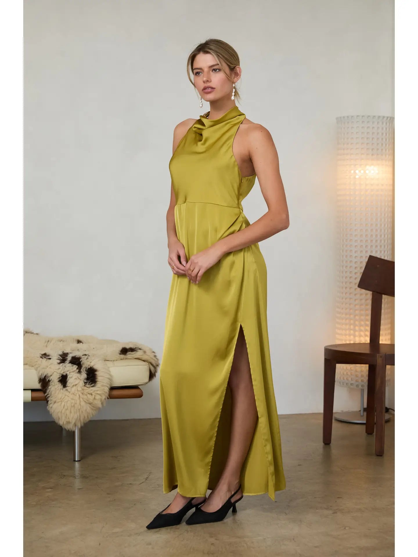Sleeveless Satin Halter Dress with Hardware Detail