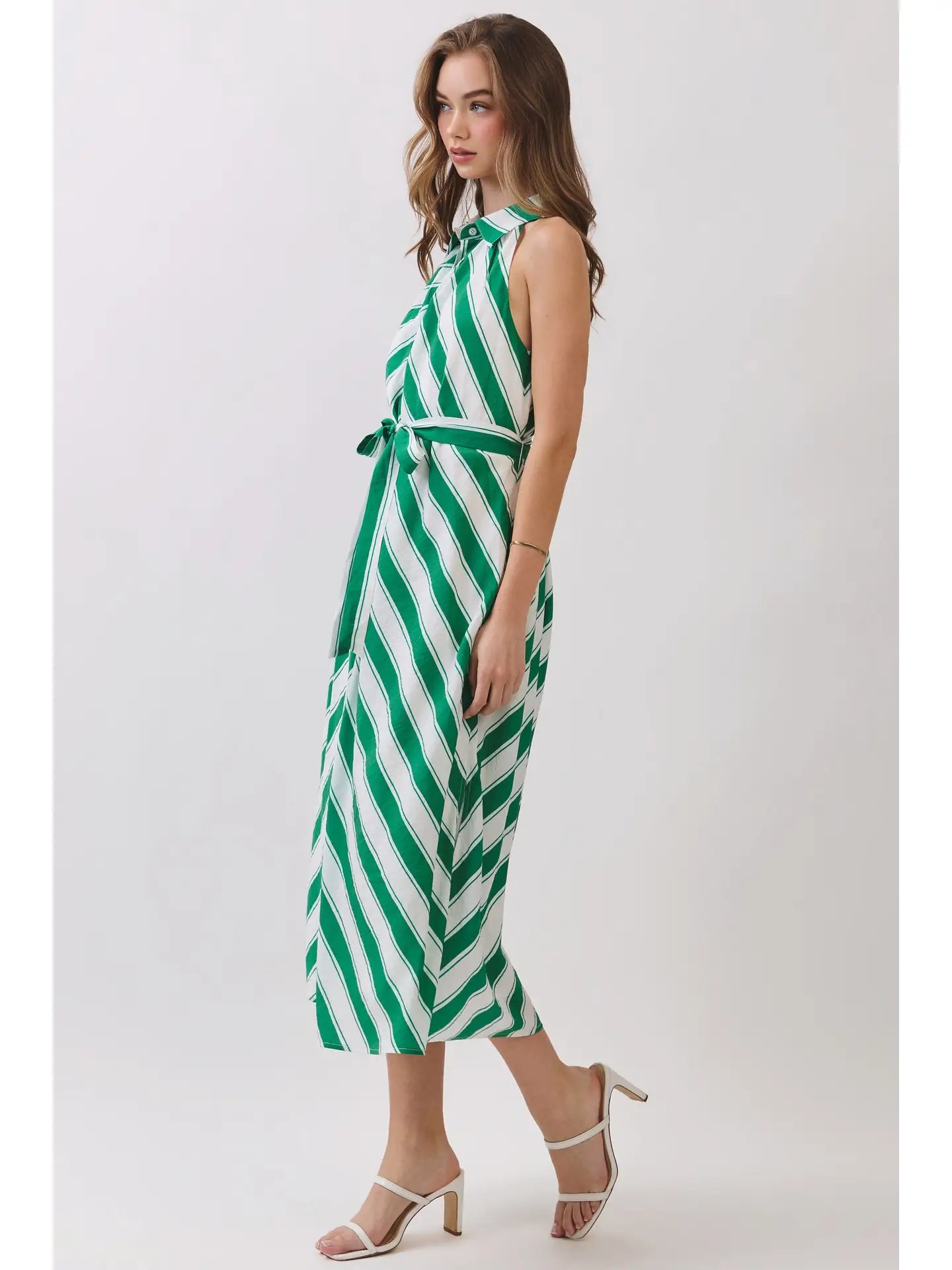 Striped Sleeveless Collared Midi Shirt Dress