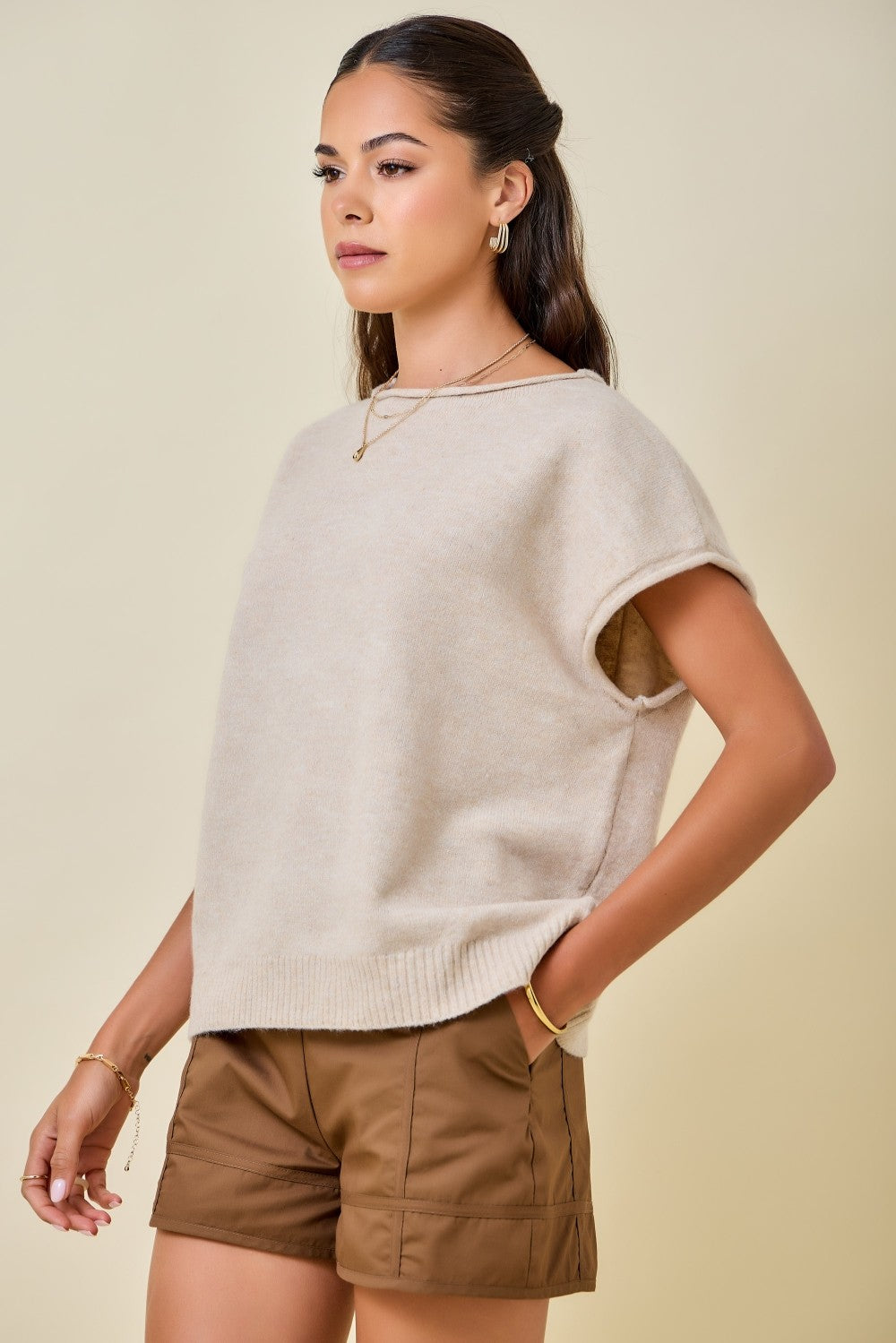 Cap Sleeve Sweater Knit Top With Rolled Edge Detail