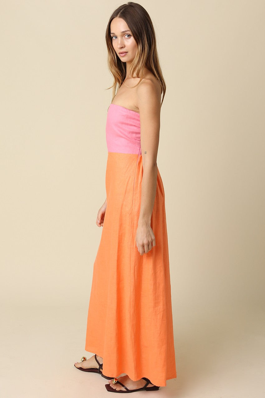 Mei Contrast Strapless Linen Maxi Dress