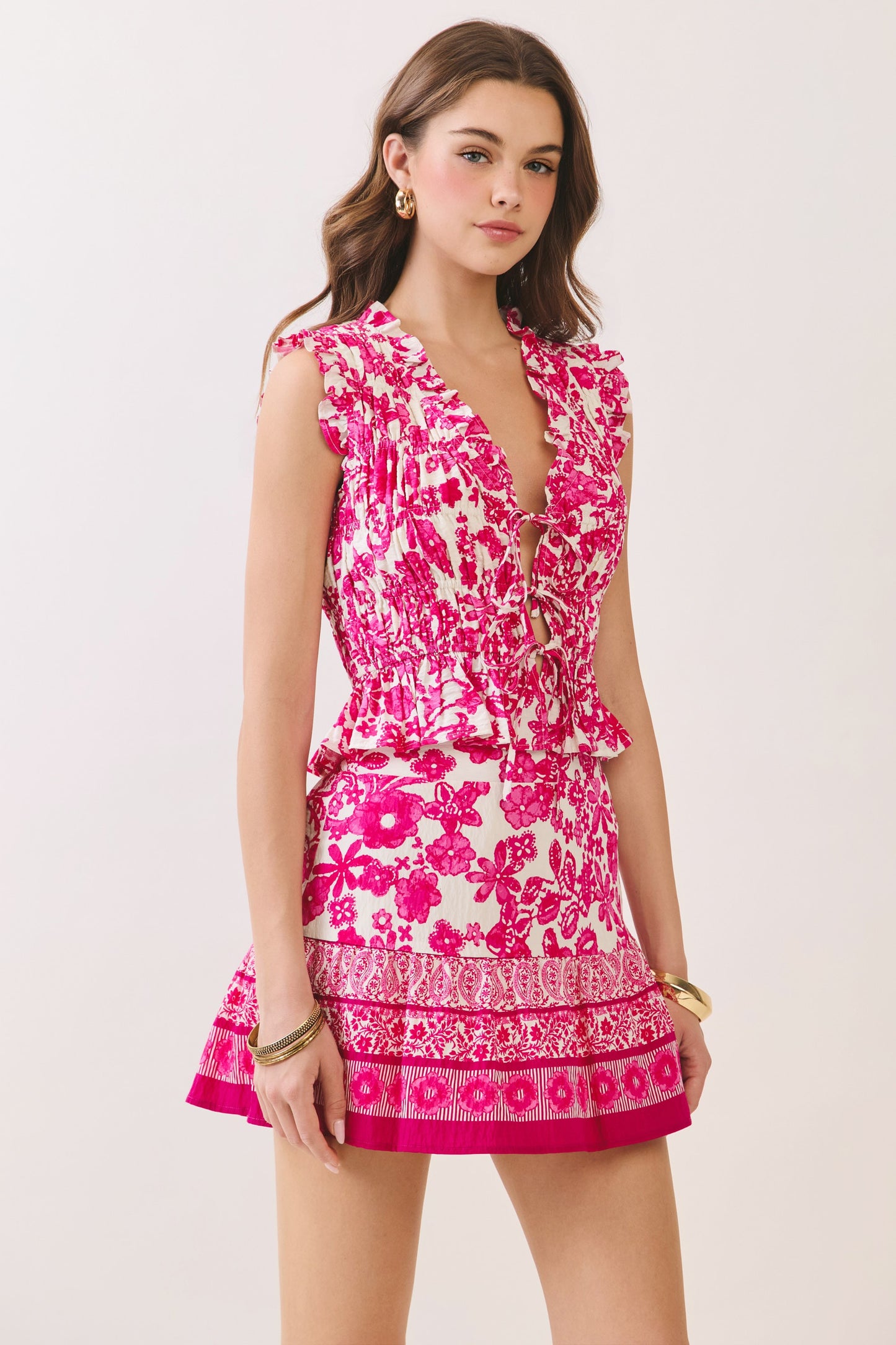 Floral Print Lace Up Ruffle Detail Top