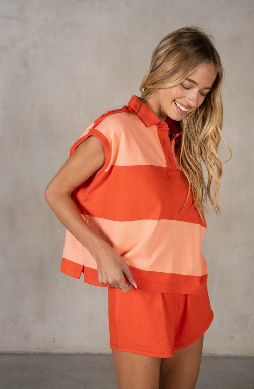 Classic Collared Slouchy Sleeveless Yarn-Dye Stripe Jersey Tee