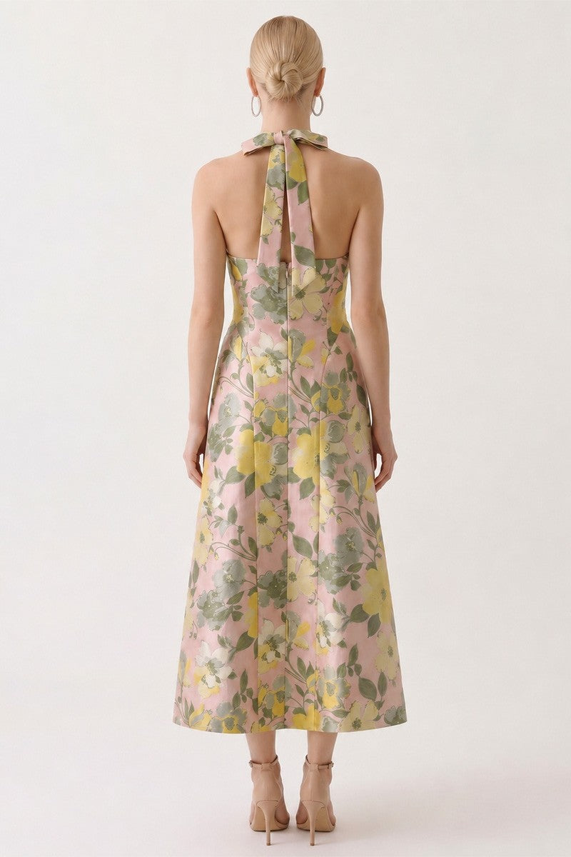 Halter Neck Corset-bodice Side Full Skirt Midi Dress