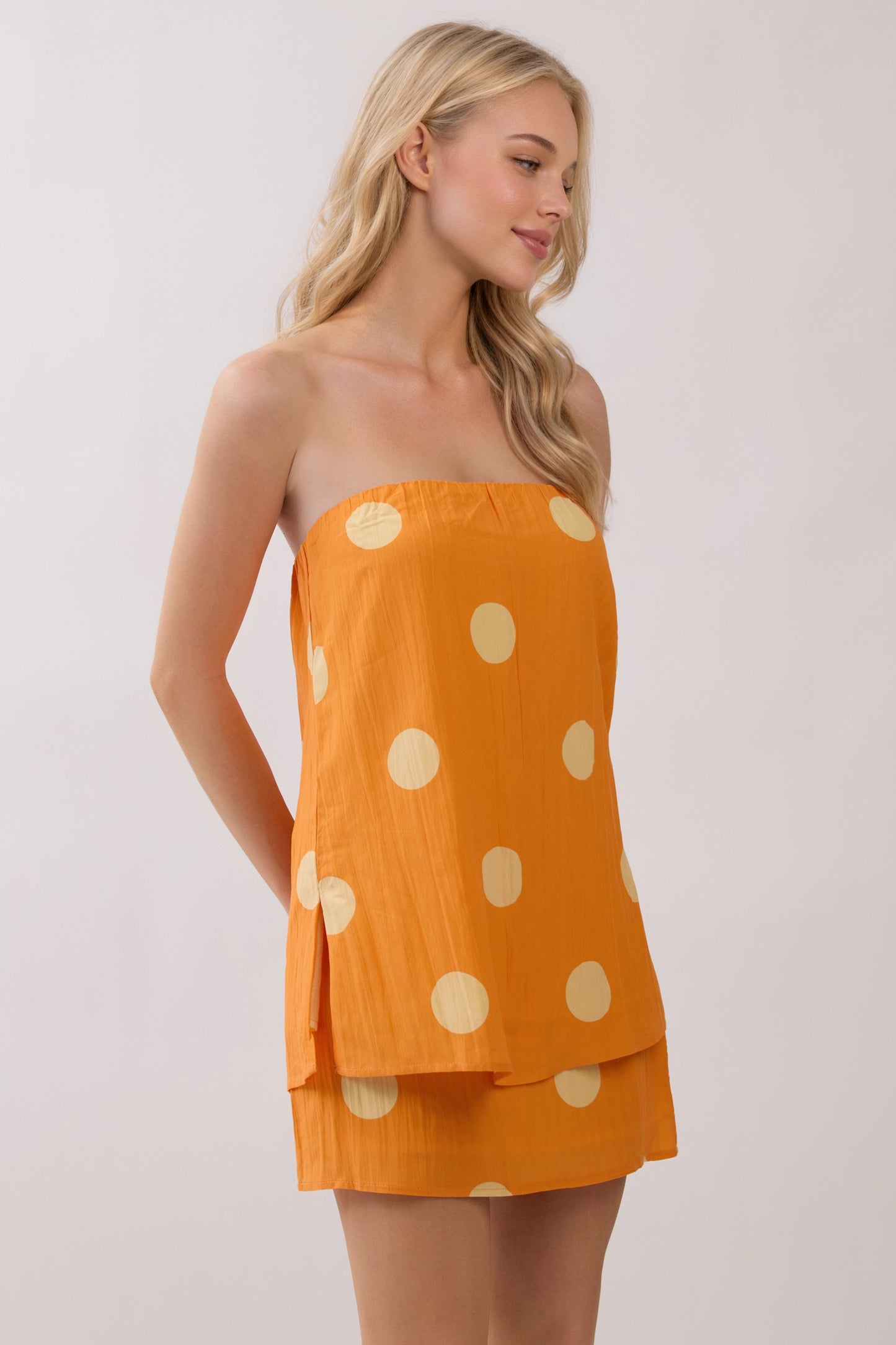 Polka Dot Elasticized Neck Strapless Top