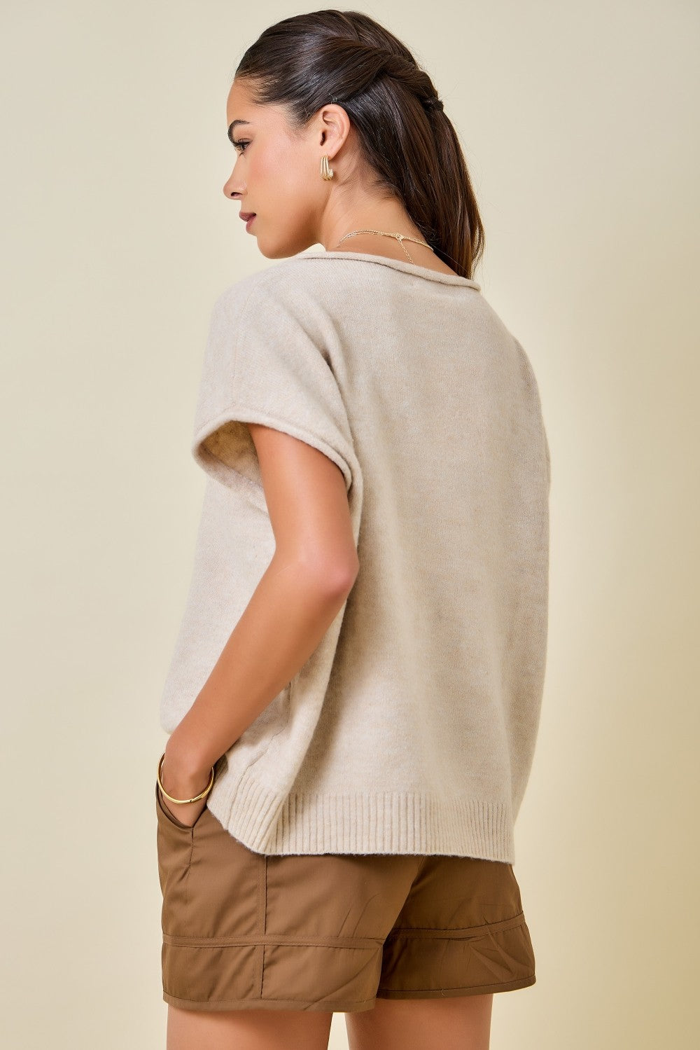 Cap Sleeve Sweater Knit Top With Rolled Edge Detail