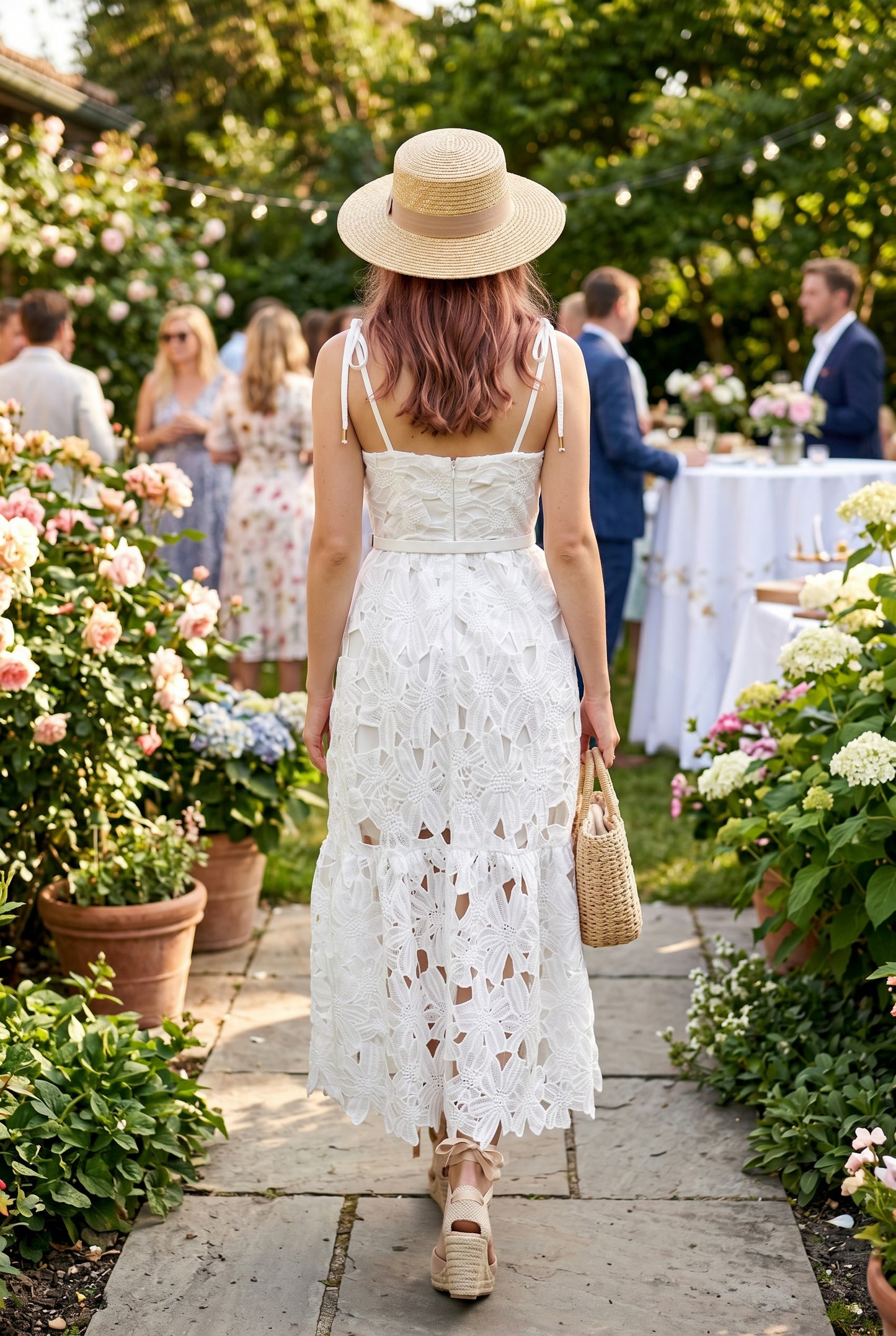 Floral Crochet Lace Belted Maxi Dress