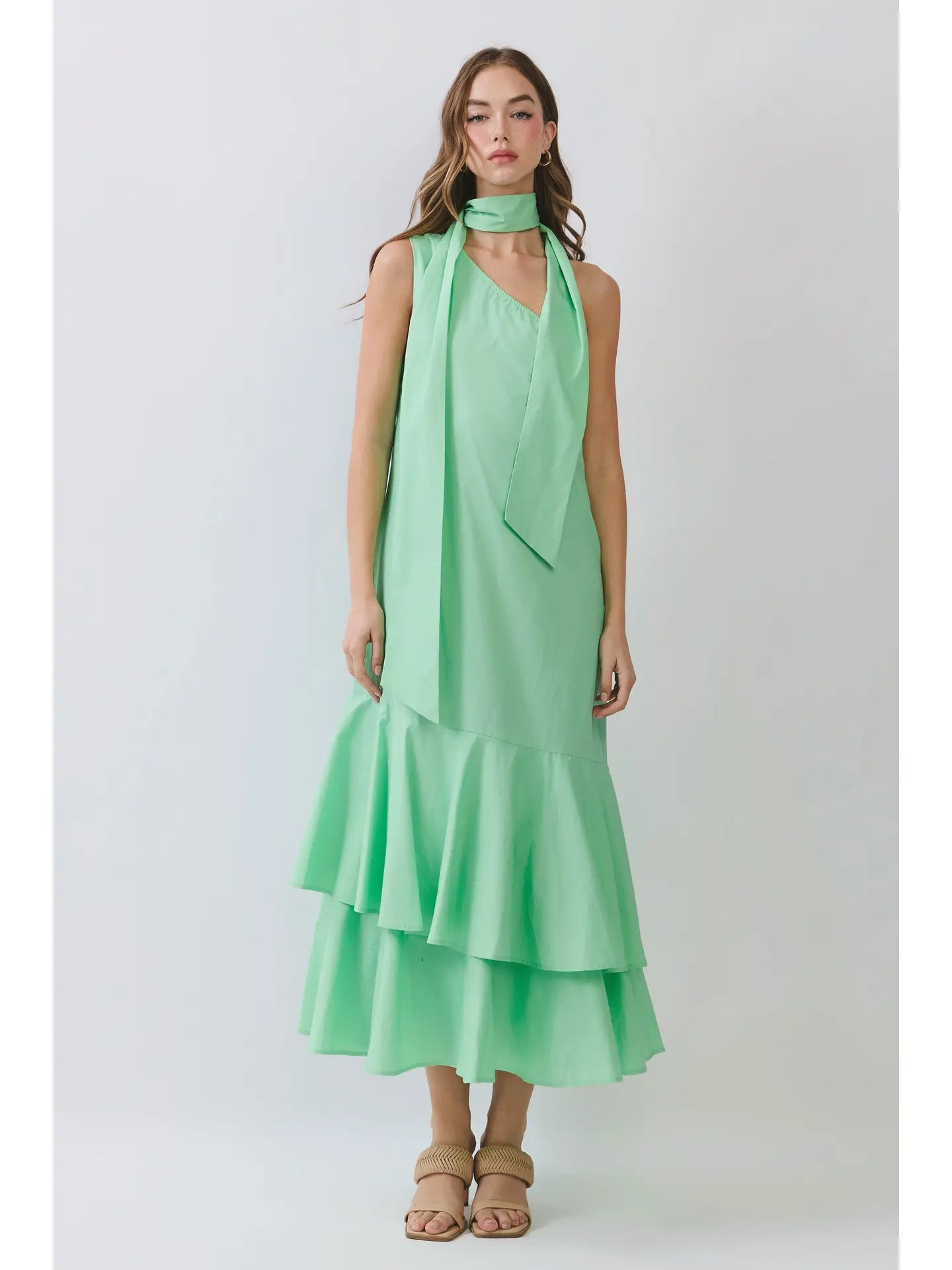 Solid Scarf Neck Tiered Maxi Dress