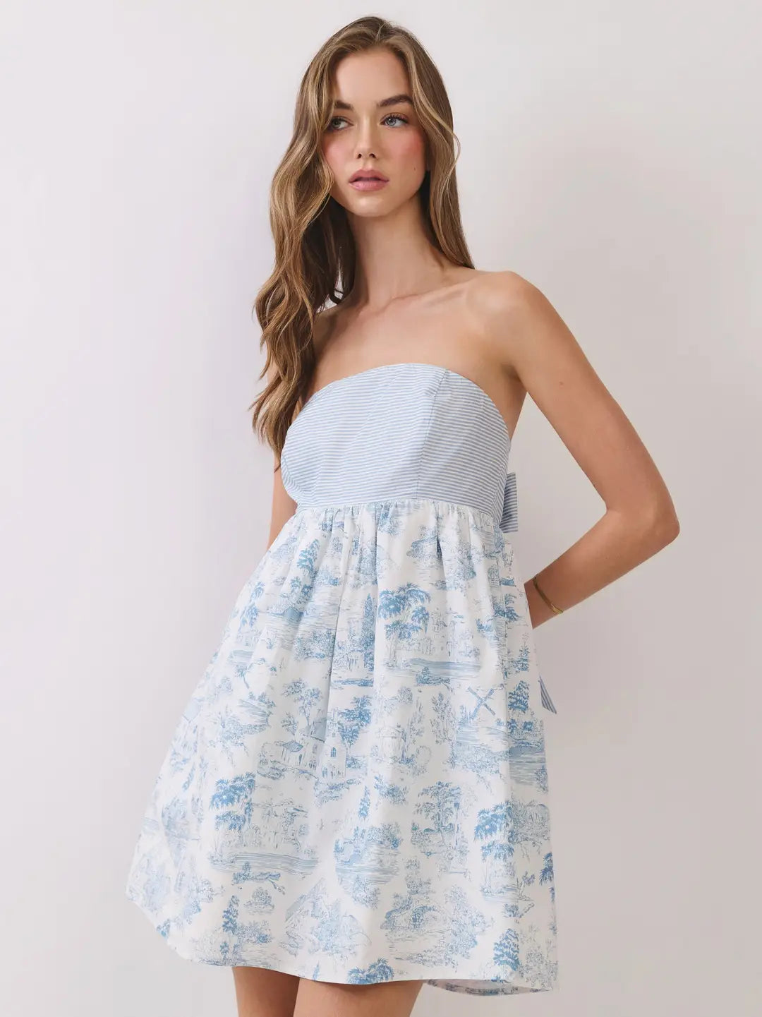 Toile Print Strapless Bow Back Mini Dress
