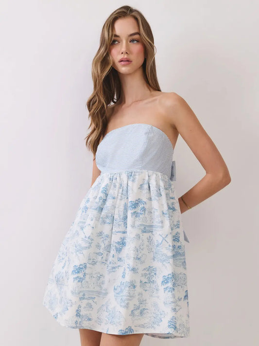 Toile Print Strapless Bow Back Mini Dress