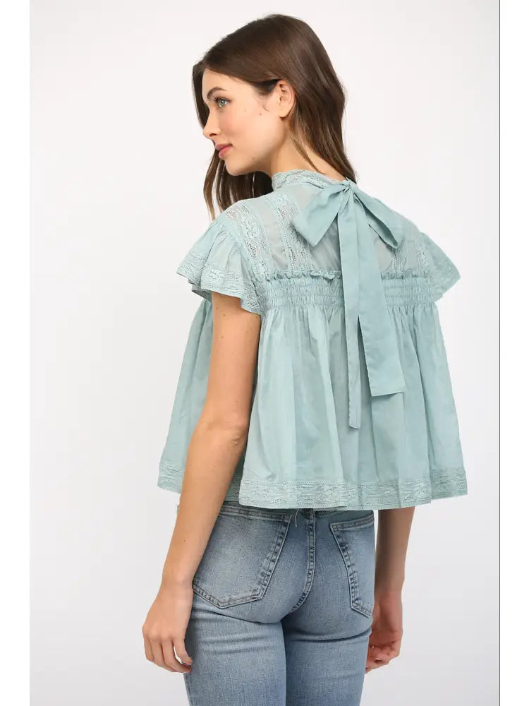 Short Sleeve Ruffled with Neckband and Bow Top
