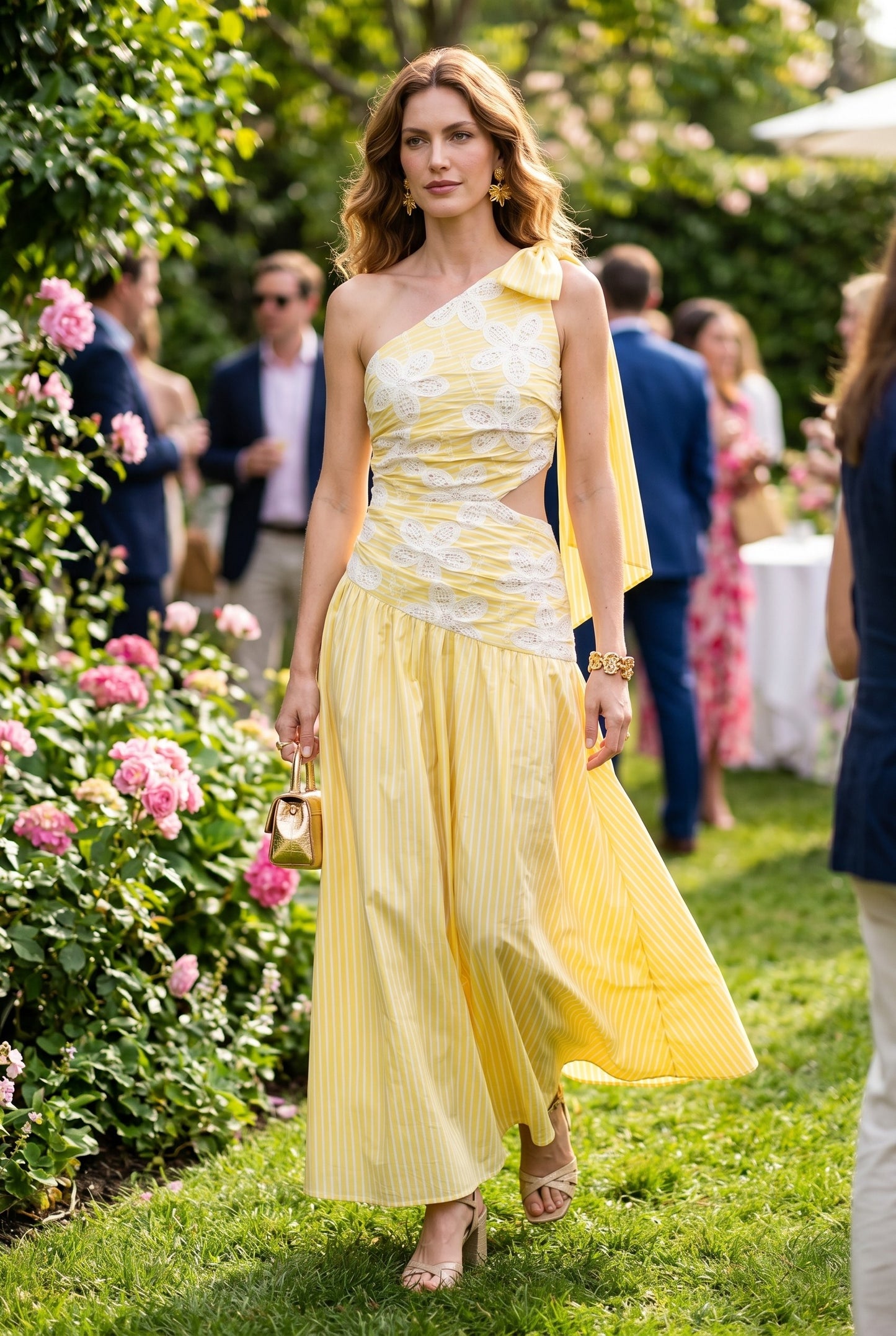One Shoulder Pleated Maxi Dress In Embroidery