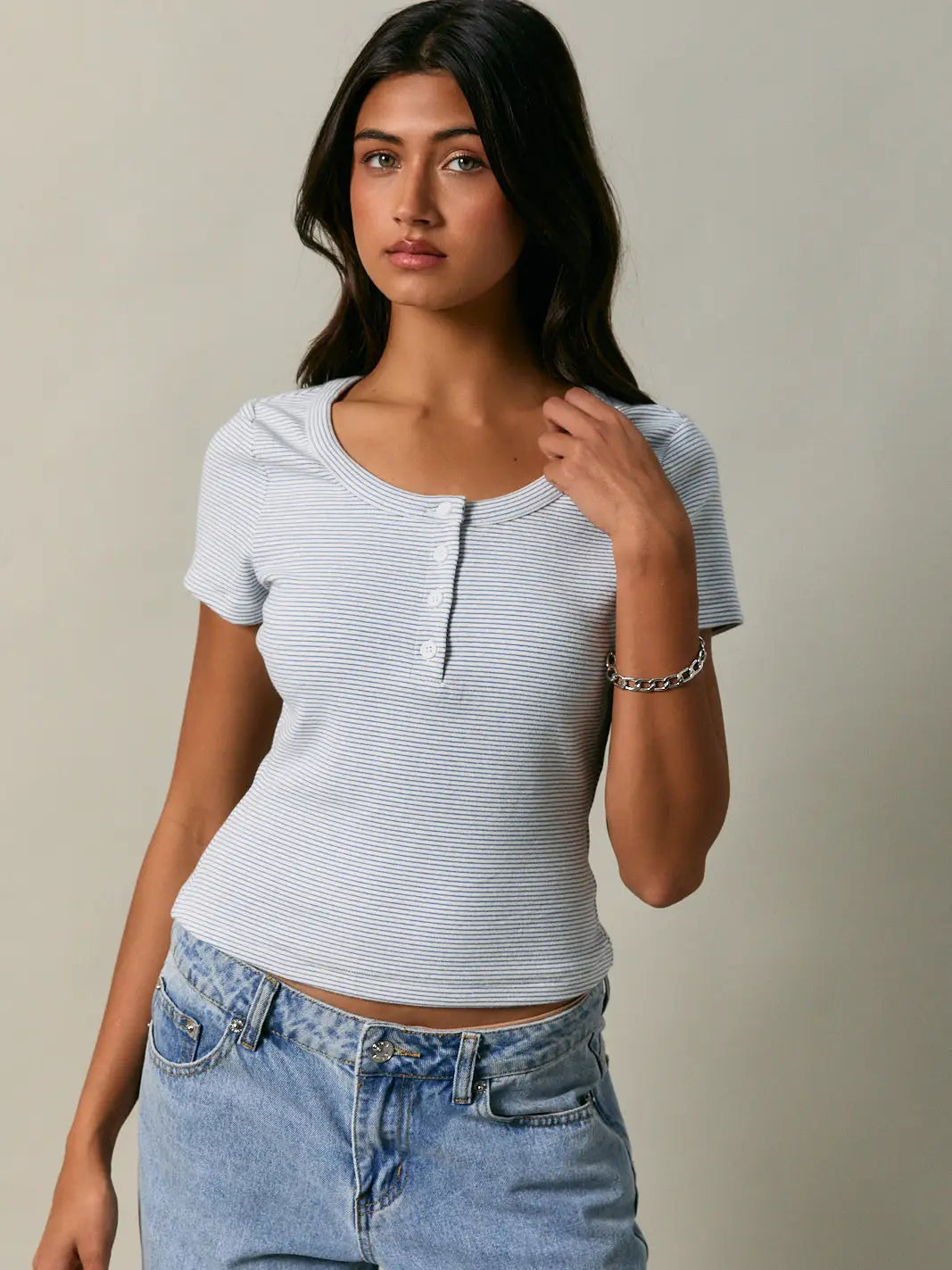 Scoop Neck Short Sleeve Top with Buttons