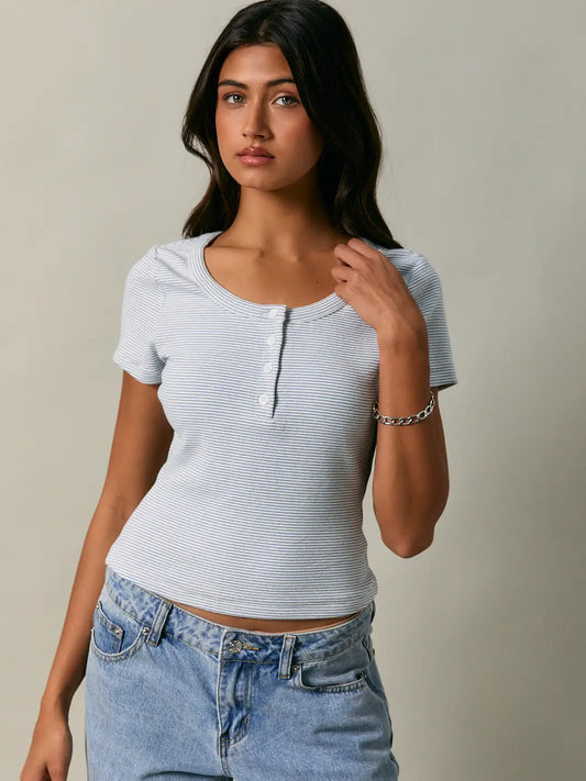 Scoop Neck Short Sleeve Top with Buttons