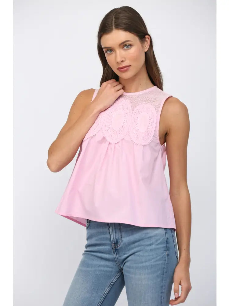 Contrast Mesh Yoke Detail Lace Trimmed Top