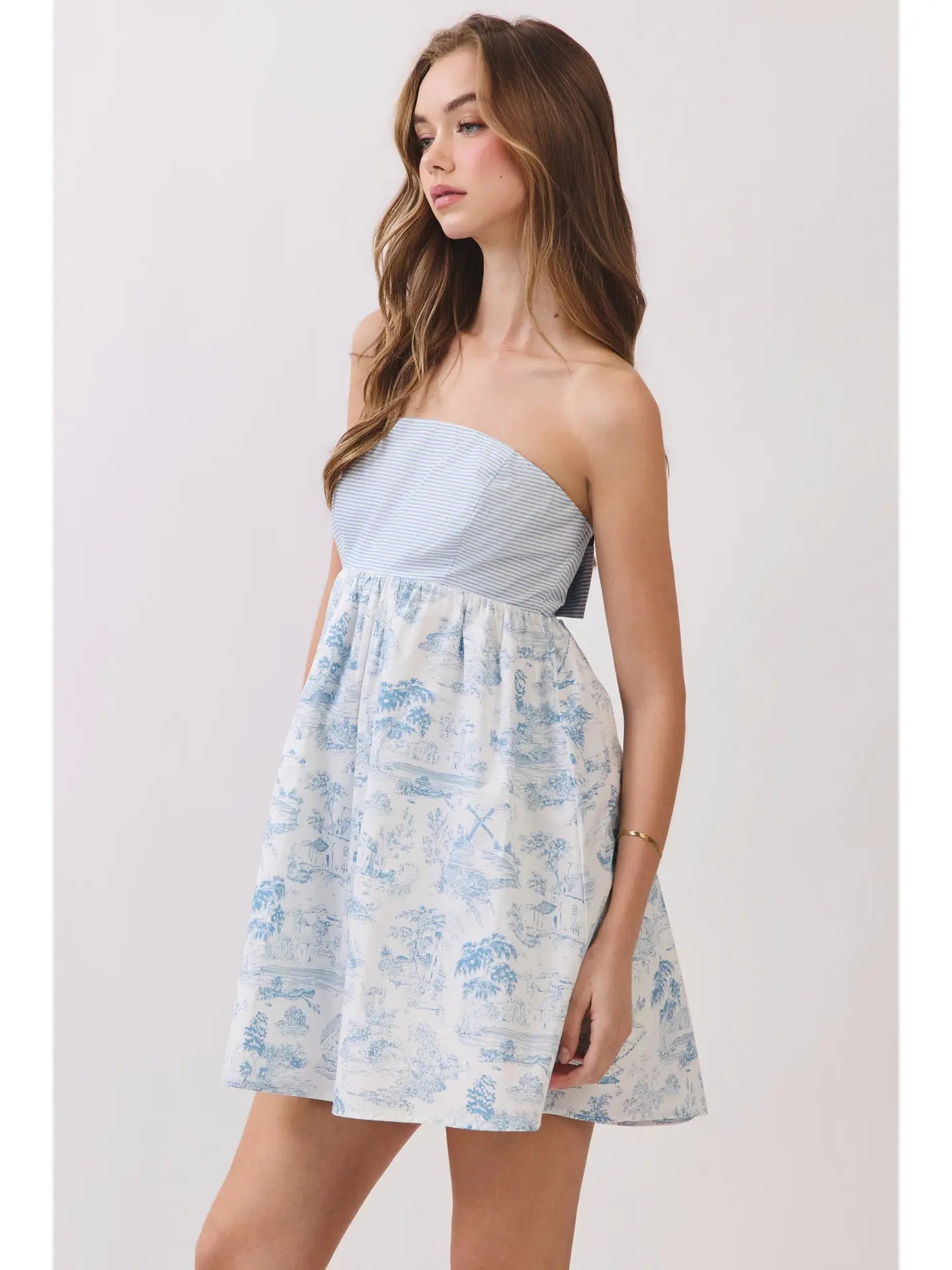 Toile Print Strapless Bow Back Mini Dress