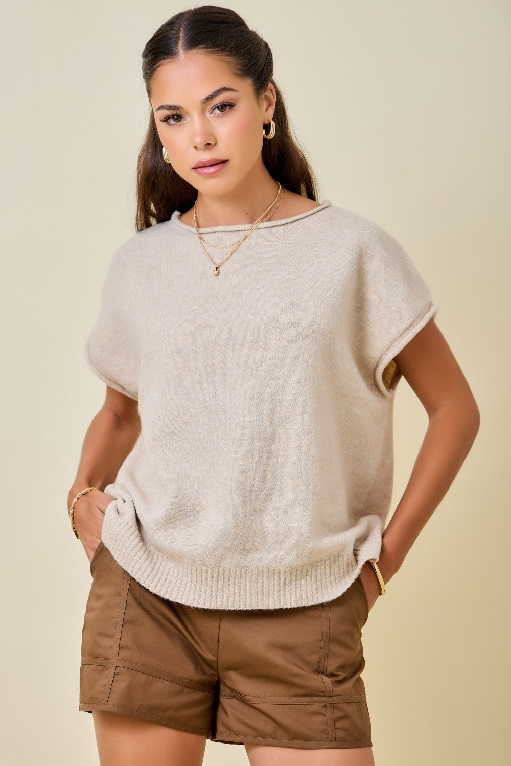 Cap Sleeve Sweater Knit Top With Rolled Edge Detail