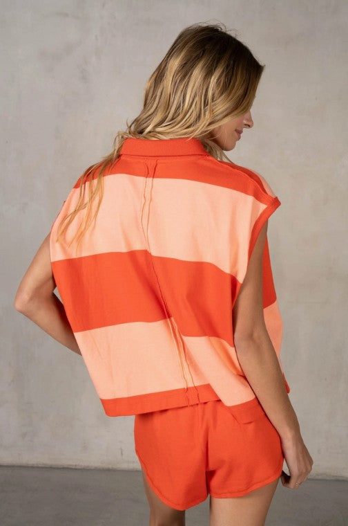 Classic Collared Slouchy Sleeveless Yarn-Dye Stripe Jersey Tee