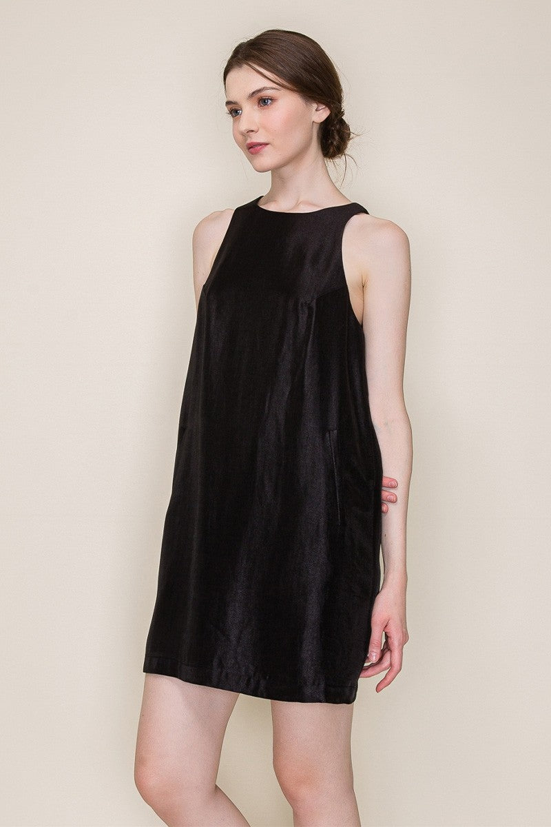 Shine Satin Sleeveless Shift Front Pocket Mini Dress