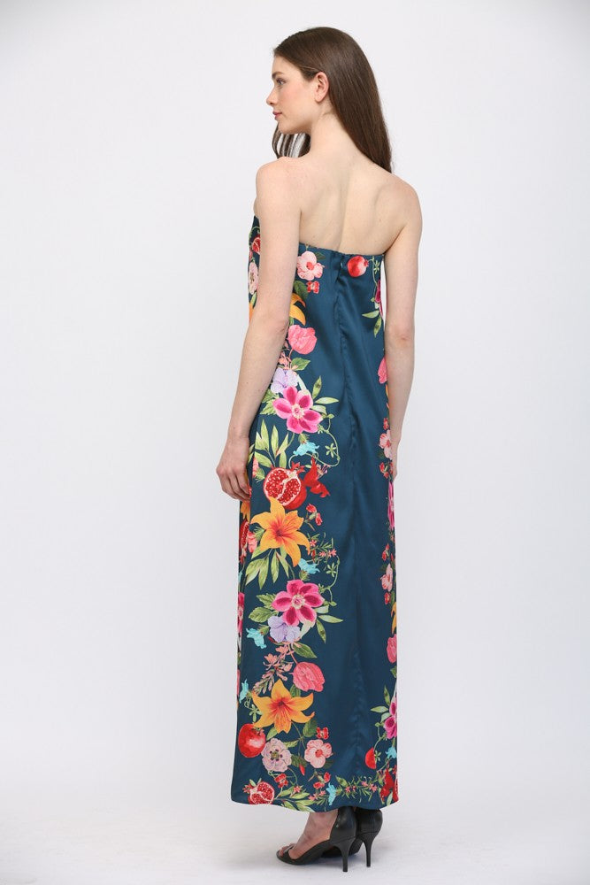 Botanical Border Print Strapless Maxi Dress