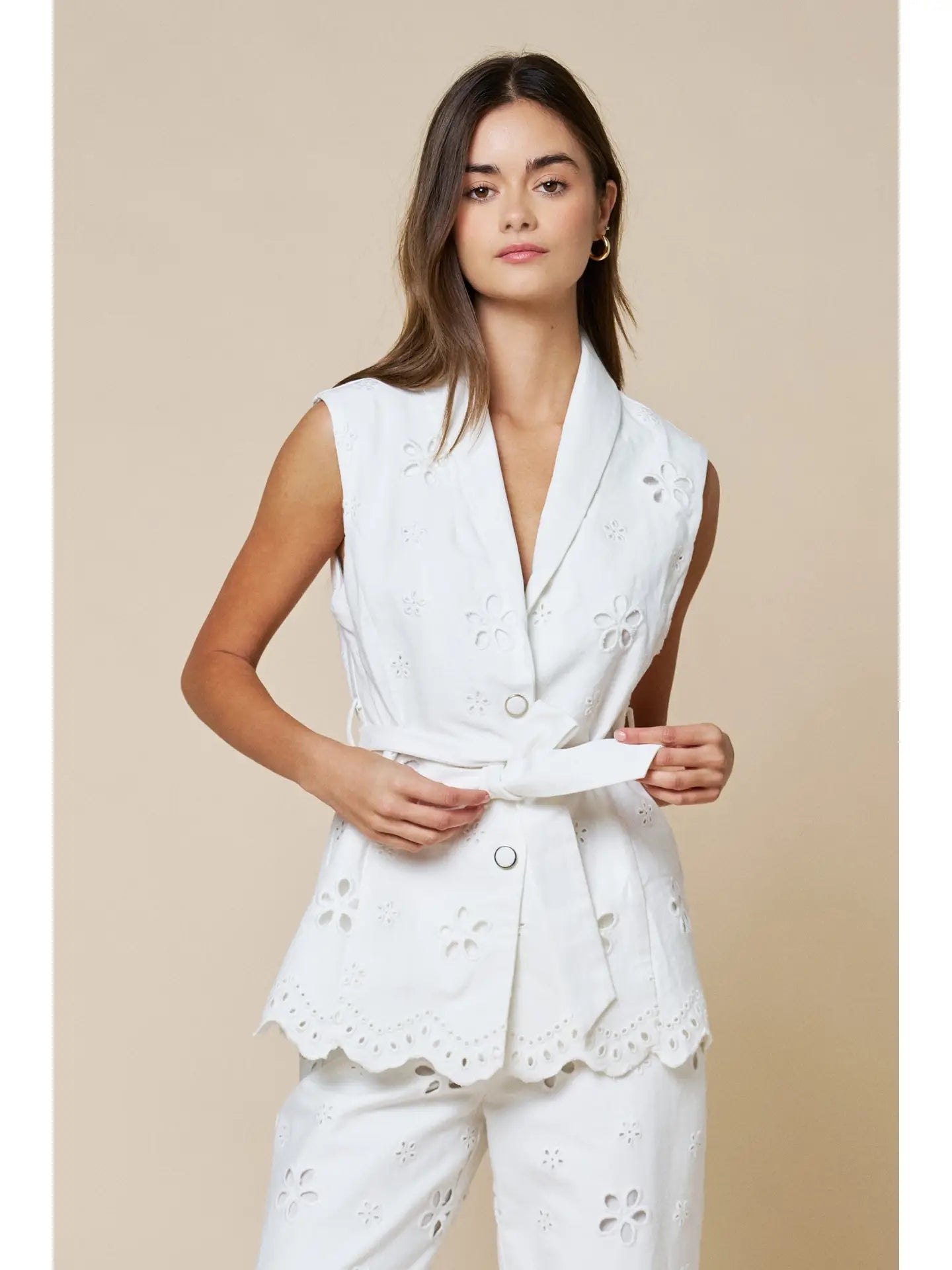 Embroidered Sleeveless Belted Top