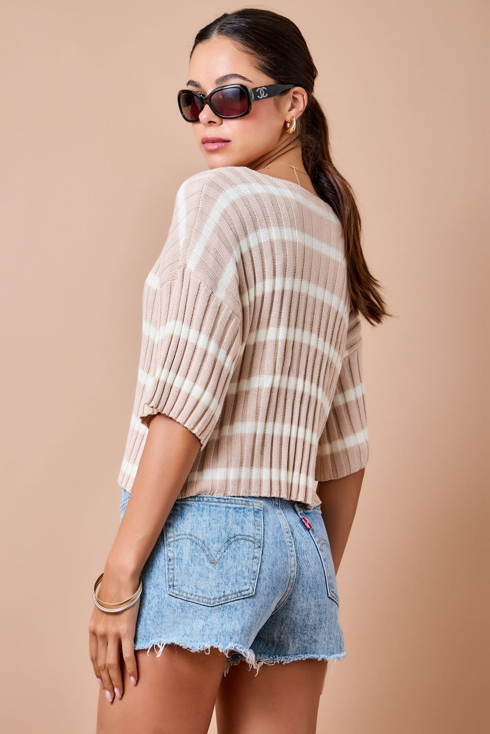 Striped Button Front Cropped Knit Top